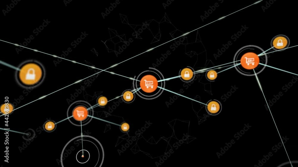 Animation of network of connections with icons on black background Animation of network of connections with icons on black background