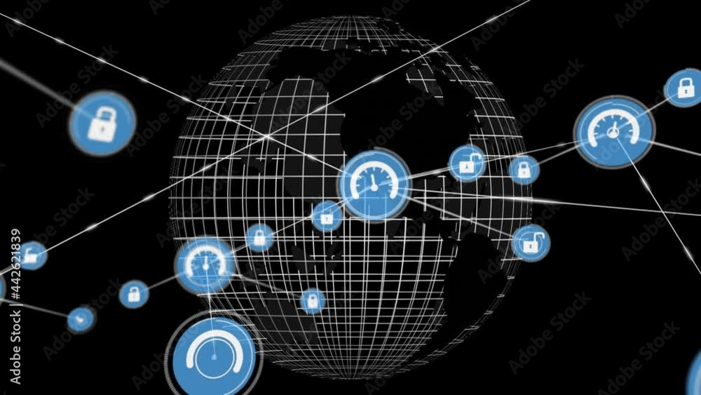 Animation of network of connections with icons and globe on black background Animation of network of connections with icons and globe on black background