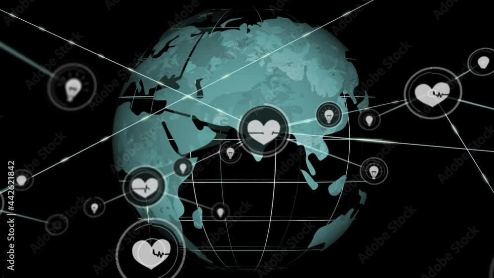 Animation of network of connections with icons and globe on black background Animation of network of connections with icons and globe on black background