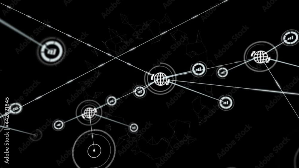 Animation of network of connections with icons on black background Animation of network of connections with icons on black background