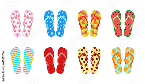 Set of beach summer flip flops with different colorful bright designs. Vector elements.