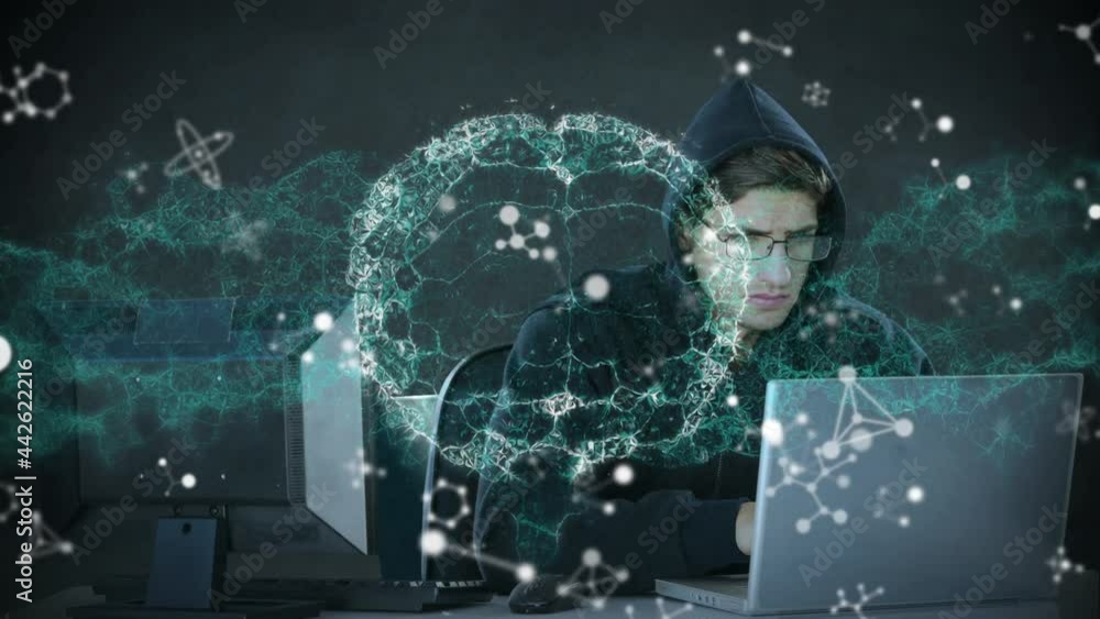 Animation of human brains, dna strand and molecules over hacker with laptop Animation of human brains, dna strand and molecules over hacker with laptop
