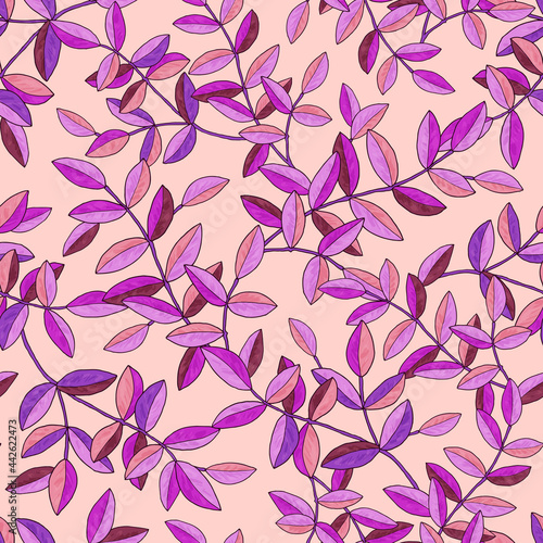 Seamless pattern with branches with purple leaves. Texture for print  fabric  textile  wallpaper. Hand drawn vector illustration. Isolated on white background.