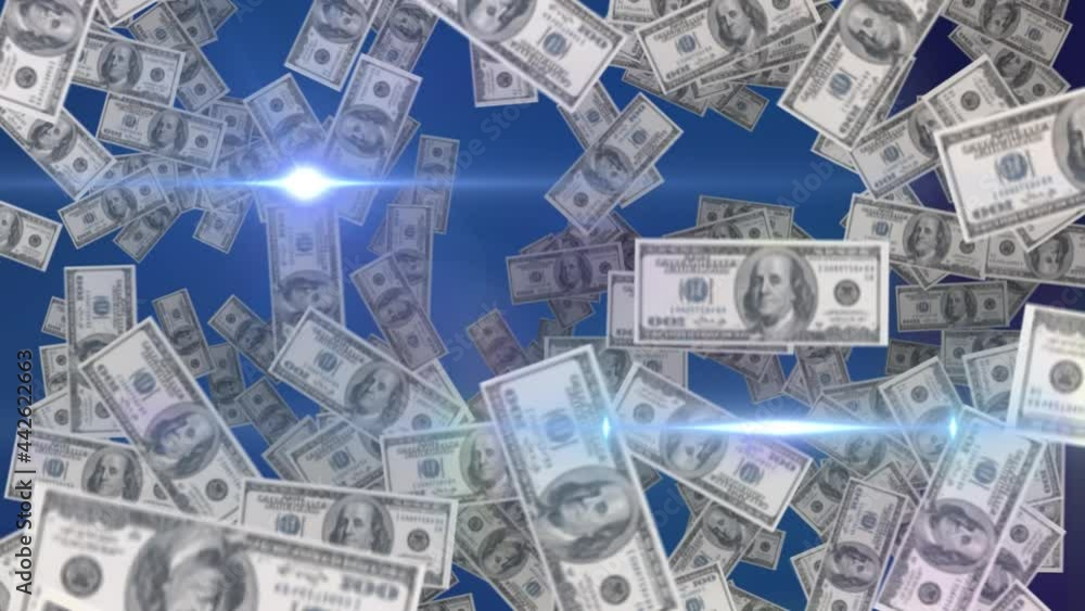 Animation of dollar bills falling, with moving spotlights on blue background Animation of dollar bills falling, with moving spotlights on blue background