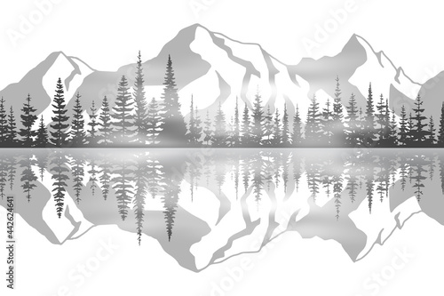 Fototapeta Naklejka Na Ścianę i Meble -  Northern nature view, black and white landscape. Reflection of mountains and forests in the lake.