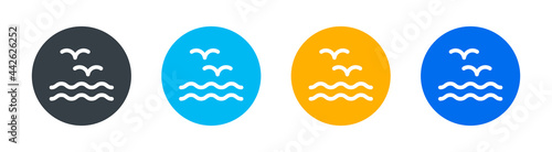 Sea with waves and seagull vector icon. Birds flying over the water for summer concept. Ocean symbol