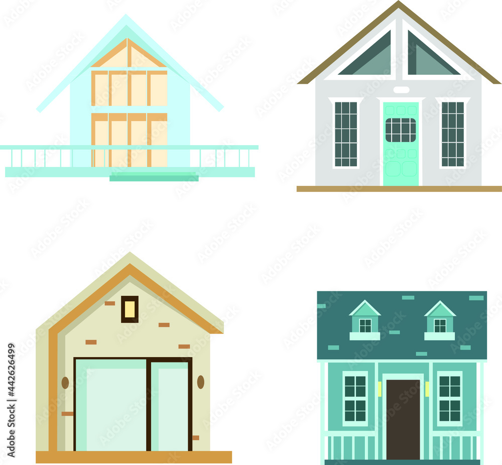 Houses exterior vector illustration front view with roof. External facade with doors and windows. Modern houses. cosiness