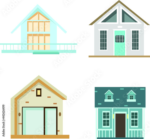 Houses exterior vector illustration front view with roof. External facade with doors and windows. Modern houses. cosiness