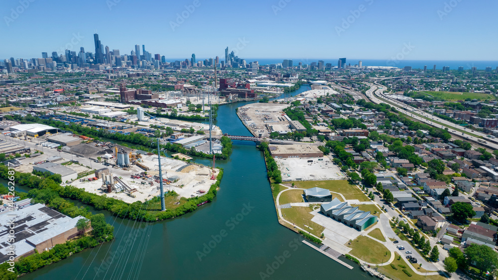 Chicago River South Branch, Chicago Skyline in Distance Aerial View