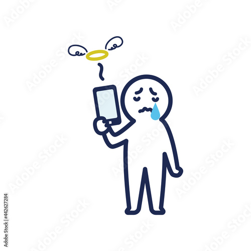 右手に壊れてしまったスマホを持ち、悲しんでいる白いデフォルメした人間のイラスト