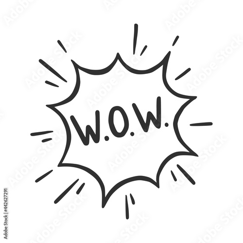 Hand drawn cloud speech bubble element with wow text. Comic doodle sketch style. Explosion cloud icon. Isolated vector illustration.