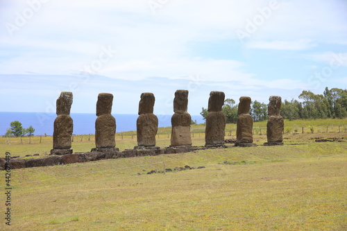 Seven moai at Ahu Akivi on Easter Island, Chile photo
