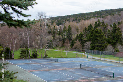 Wallpaper Mural An outdoor tennis court with blue paint, white lines, and a black mesh tennis net. The edge of the court has white lines. The singles and doubles courts have been defined by white grid painted lines. Torontodigital.ca