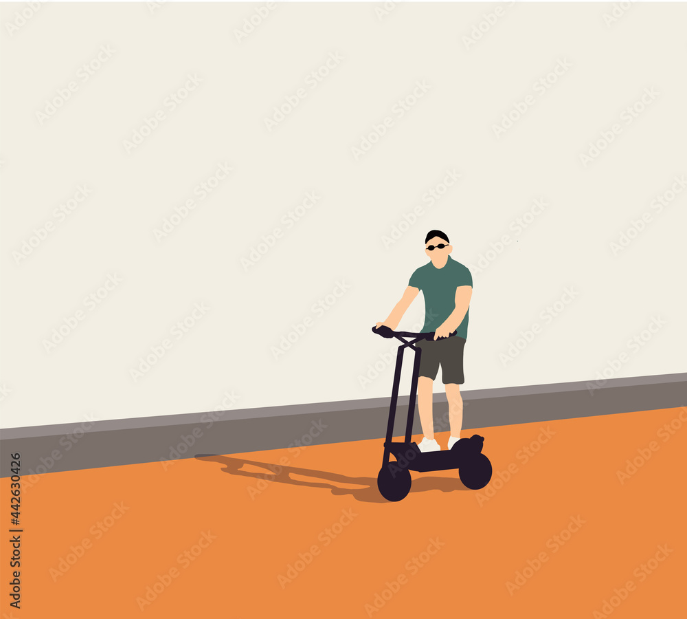 Man riding electric scooter in urban background. Ecological transportation concept. Vector character illustration of urban infrastructure and modern lifestyle Man riding electric scooter in urban background. Ecological transportation concept. Vector character illustration of urban infrastructure and modern lifestyle