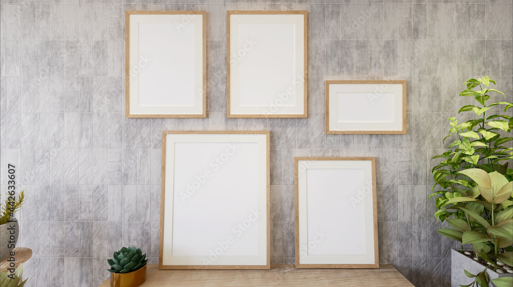 Fototapeta premium The living room is decorated with furniture, small plant pots and picture frames.