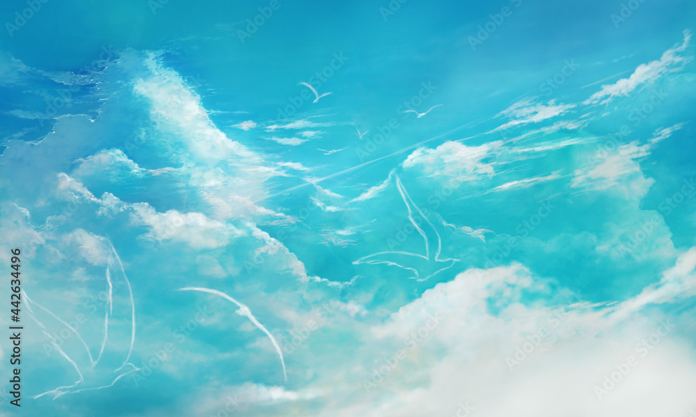 夏空と鳥の風景イラスト 水色 Stock Illustration Adobe Stock