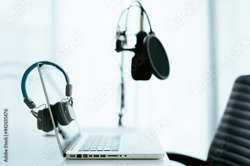 Professional wired condenser microphone and headphones in audio studio close up. © DG PhotoStock