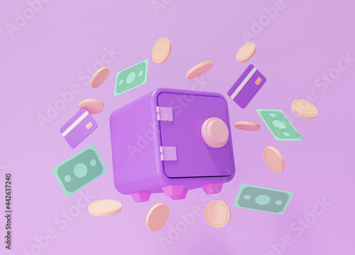 Safe box float, security, coins, credit debit card, earn Finance saving money concept. cartoon style minimal on purple pastel background, copy space, 3D render illustration