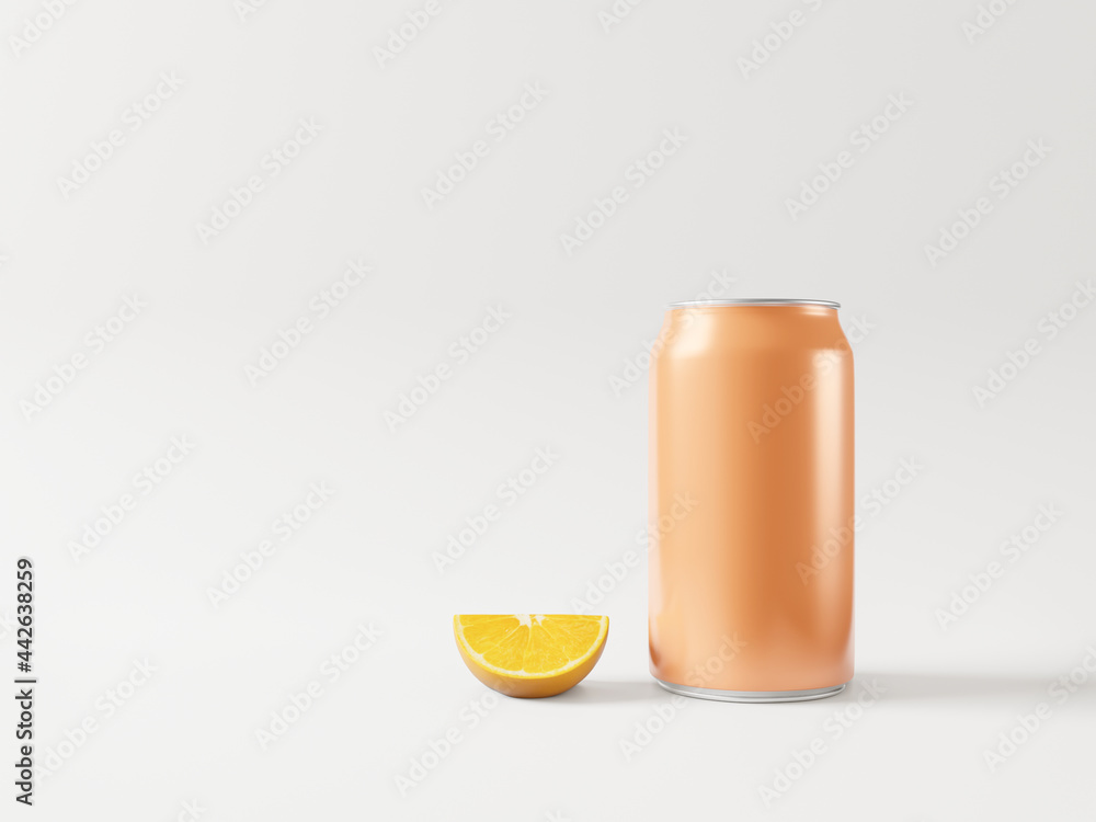 A cans of orange juice with oranges on a white background. A cans of orange juice with oranges on a white background.