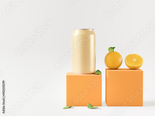 A can of orange juice with oranges on a white background.