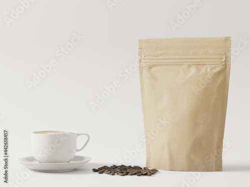 Mug and paper bag used for coffee, 3d