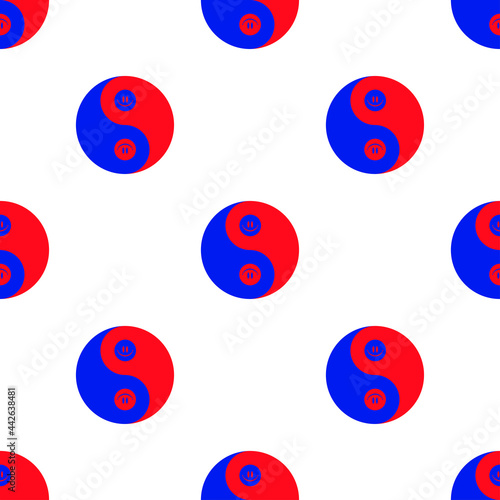 Yin and yang with happy face in red and blue. Vector seamless pattern
