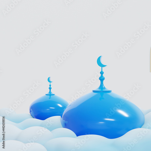 Ramadan Background copy space with blue dome and clouds