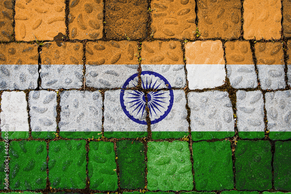 National flag of India on stone  wall background. Flag  banner on  stone texture background.