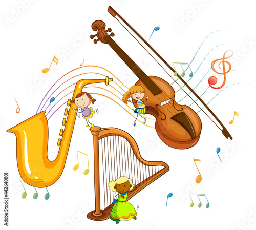 Set of musical instrument with melody symbols isolated