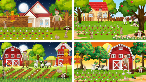 Different farm scenes with old farmer and animal cartoon character