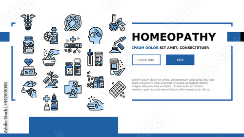 Homeopathy Medicine Landing Header Vector. Medicaments And Vitamins Prepared From Natural Bio Plant, Homeopathy Pills And Drug Container Illustration