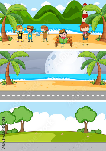 Set of different horizontal scenes background with doodle kids cartoon character