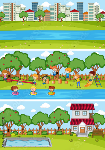 Set of different horizontal scenes background with doodle kids cartoon character