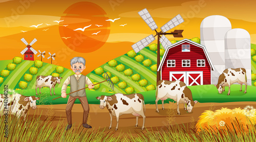 Farm at sunset time scene with old farmer man and farm animals