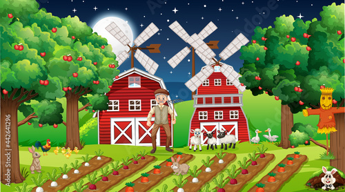 Farm scene at night with old farmer man and cute animals