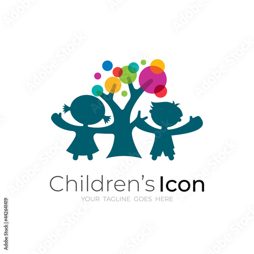 Tree logo and children design combination, colorful style