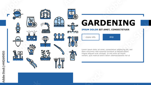 Gardening Equipment Landing Header Vector. Glass And Polycarbonate Greenhouse Construction, Gardening Tool And Instrument Illustration