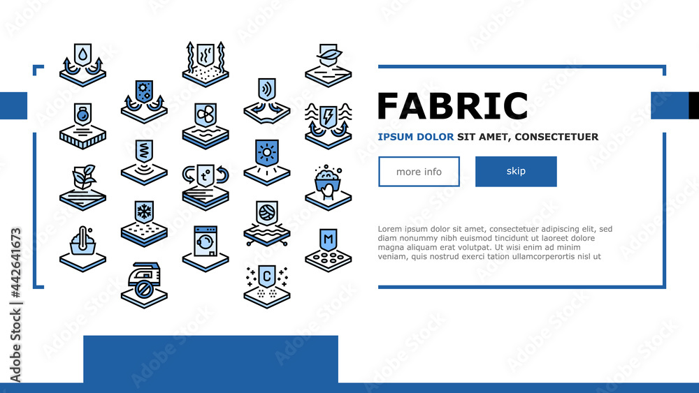 Naklejka premium Fabrics Properties Landing Header Vector. Elastic And Stretched, Warm And Cool, Antibacterial And Breathable Fabrics Properties Illustration