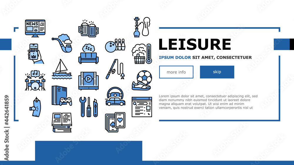 Fototapeta premium Mens Leisure Time Landing Header Vector. Video Games Phone App And Watch Movie, Smoke Hookah And Pipe, Drink Beer And Play Cards Mens Leisure Illustration