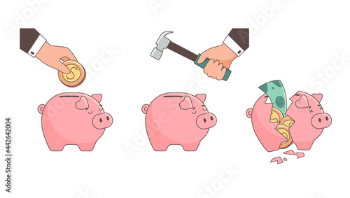 Piggy bank, vector illustration set. The piggy bank is filled with money, smashed, it is broken, there is a coins inside. Flat style. Isolated icons of finance against white background.