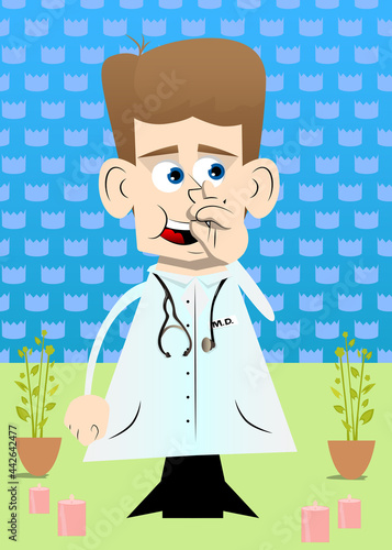 Funny cartoon doctor with sympathy. Vector illustration. Health care worker with finger at his nose.