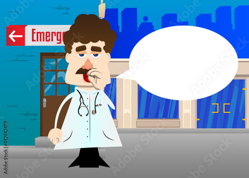 Funny cartoon doctor with sympathy. Vector illustration. Health care worker with finger at his nose.