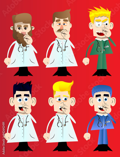 Funny cartoon doctor with sympathy. Vector illustration. Health care worker with finger at his nose.