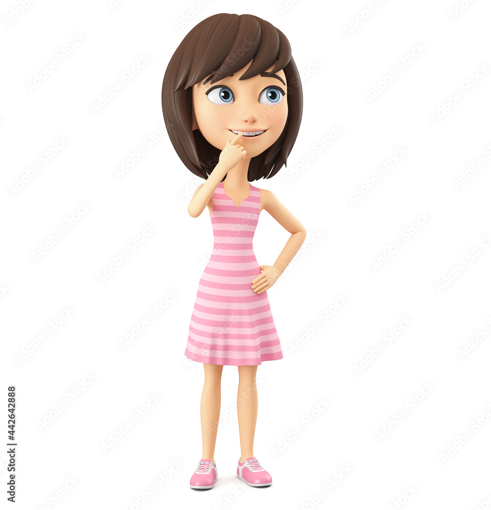 Cartoon character girl in a pink striped dress thoughtful. 3d render. Cartoon character girl in a pink striped dress thoughtful. 3d render.