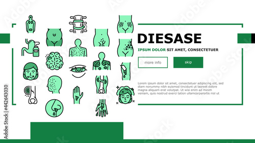 Disease Health Problem Landing Header Vector. Open And Closed Limb Fracture, Nose And Arterial Bleeding, Herpes And Acne Disease Illustration