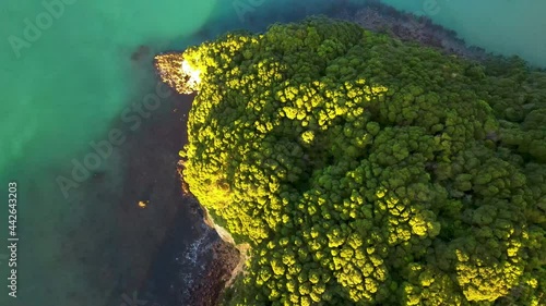 Aerial reveal of Whangamata township and coastal scenery of New Zealand during sunset photo