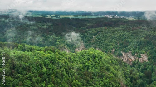 Aerial view of the vast forests of the famous Moravian Karst region. Thin patches of fog hanging in the air rising from the forest and hidden caves below. A dense forest stretches up to the horizon. photo