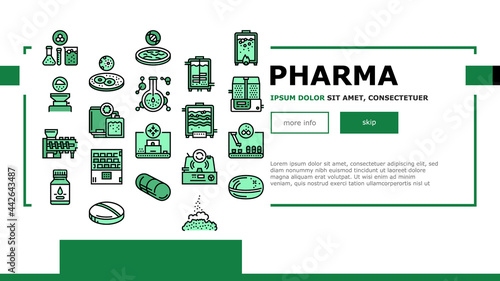 Pharmaceutical Production Factory Landing Header Vector. Laboratory Manufacturing Pharmaceutical Product, Tablet Drug And Capsule, Powder And Pills Illustration