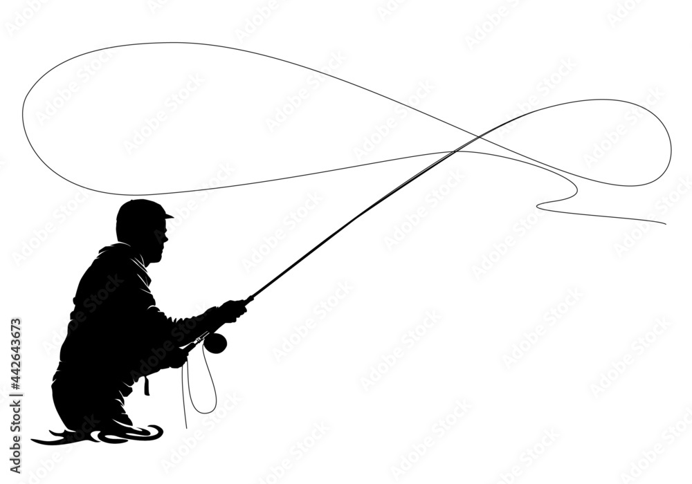 Fly fisherman fishing. graphic fly fishing. clip art black fishing