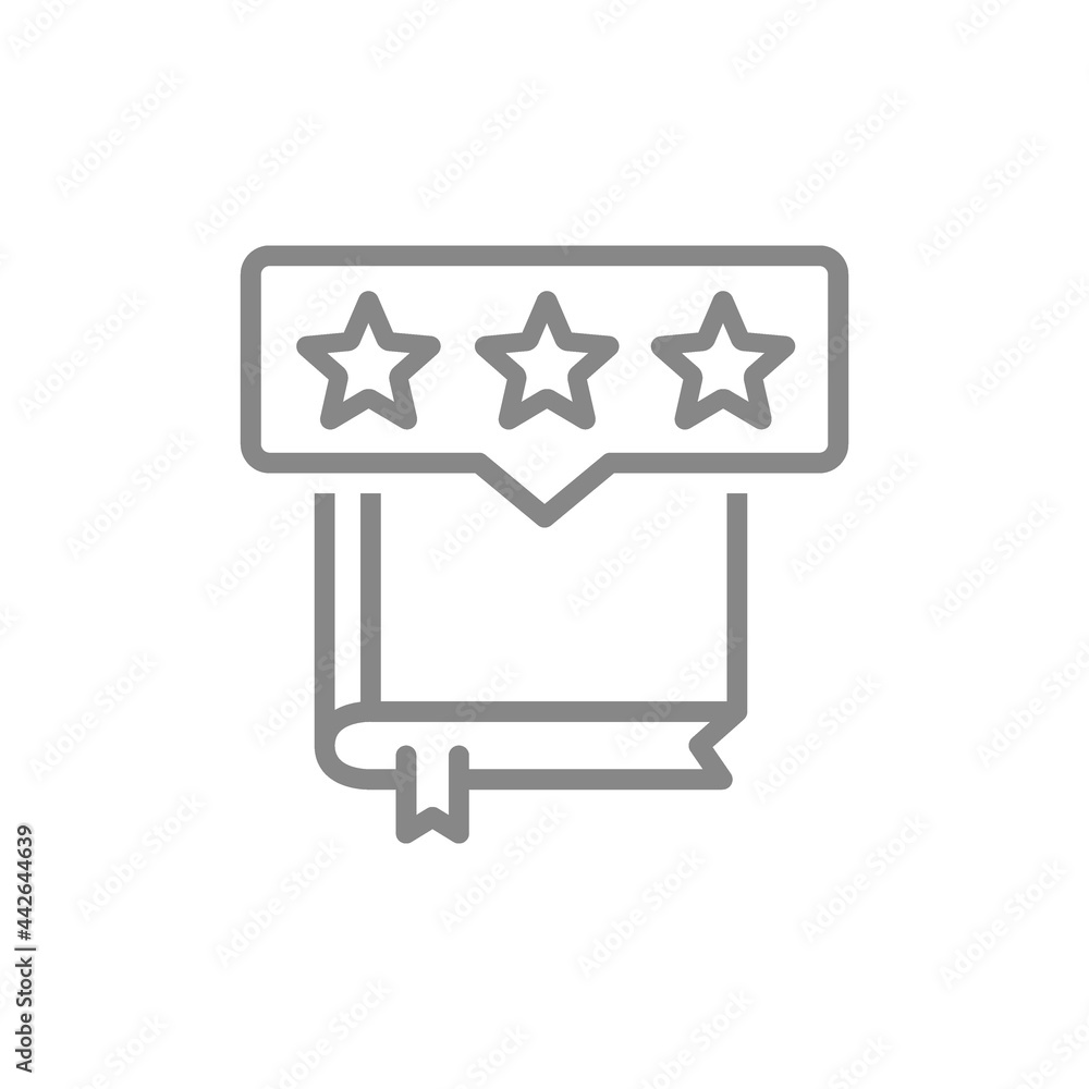 Book with stars in chat bubble line icon. Rating, positive book feedback symbol